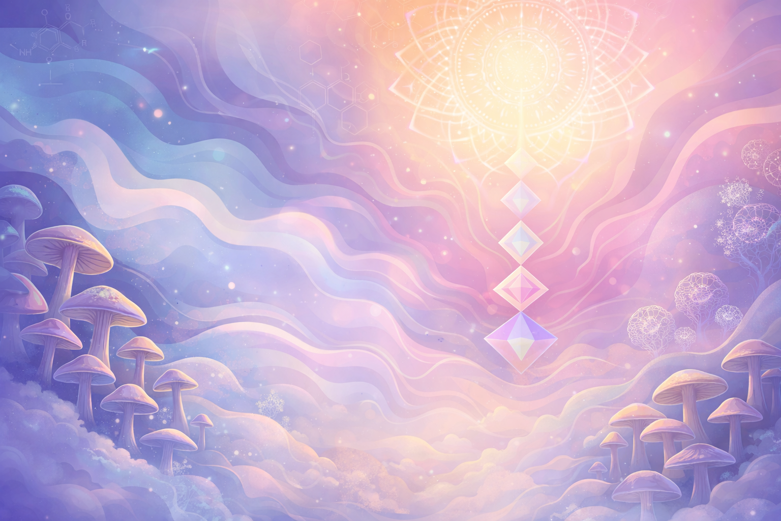 A fantasy scene with purple and pink mushrooms on clouds, glowing geometric shapes and symbols, and a bright, ornate circular design in the sky.
