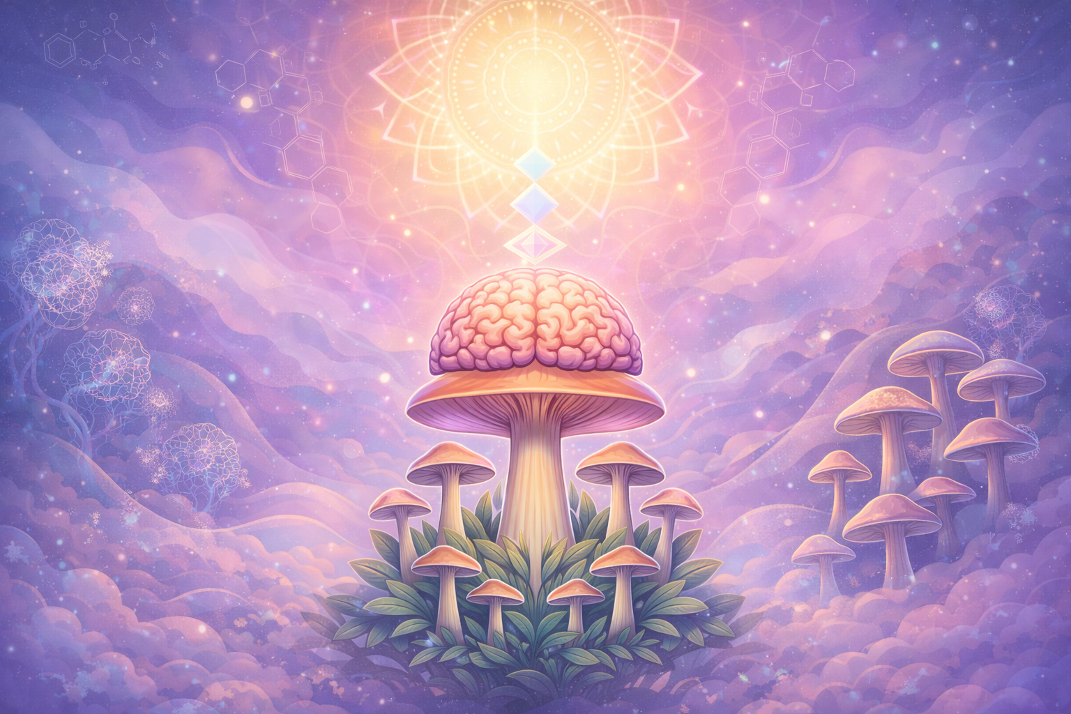 A digital artwork featuring a brain-shaped mushroom surrounded by smaller mushrooms, set in a mystical landscape with a purple and pink color palette, glowing geometric patterns, and a bright, radiant light at the top.