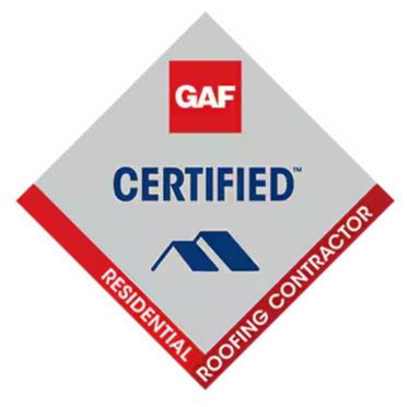Diamond-shaped sign with GAF logo at top, Certified Residential Roofing Contractor in the middle, and red border with Residential Roofing Contractor at bottom.