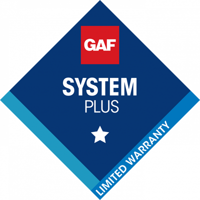 GAF System Plus Limited Warranty badge with blue diamond shape and white text