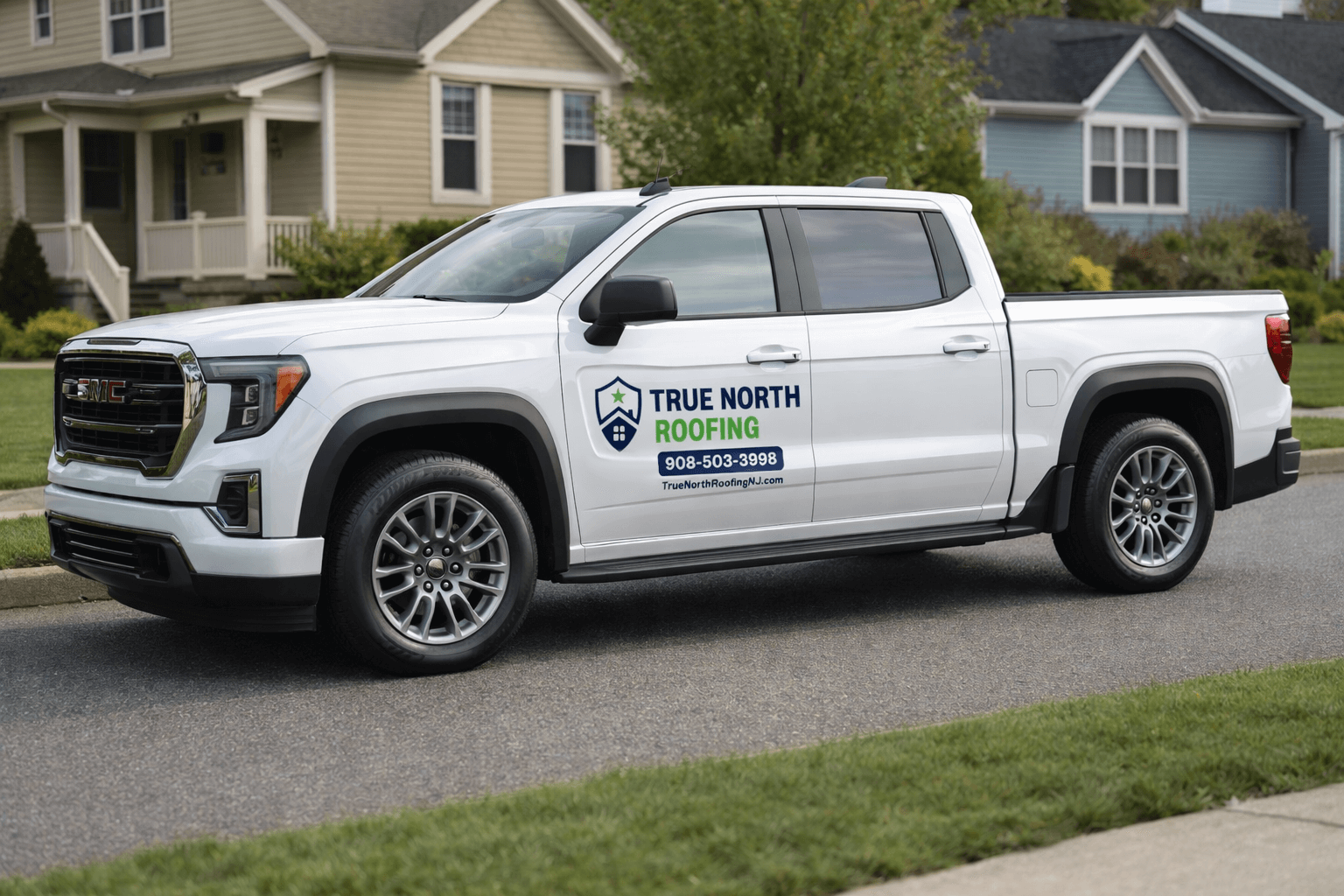 White truck parked on a suburban street with signage for True North Roofing on the door.