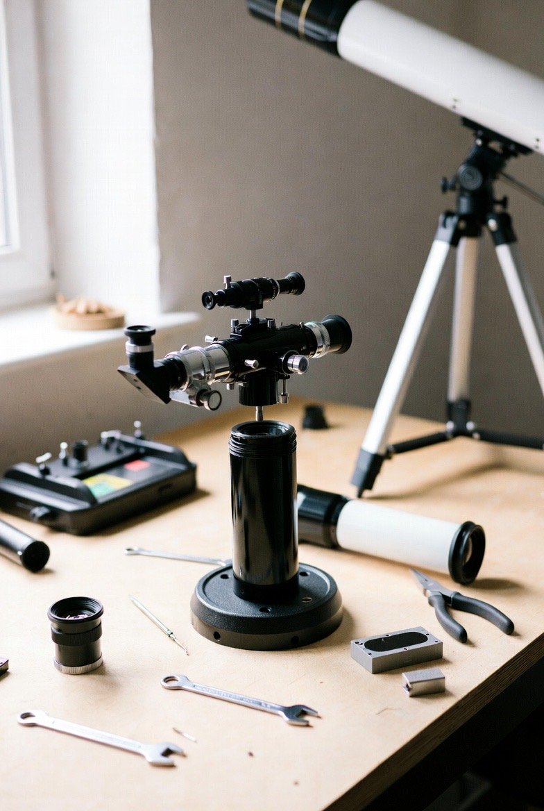 A telescope on a stand, with other telescope parts, tools, and a control panel on a wooden table near a window.