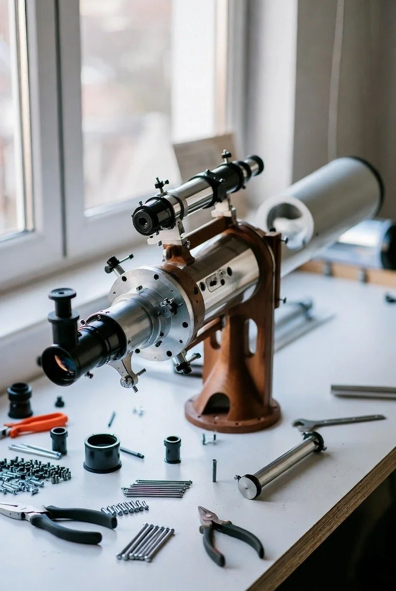 A telescope on a desk near a window, surrounded by tools and parts for assembly or maintenance.