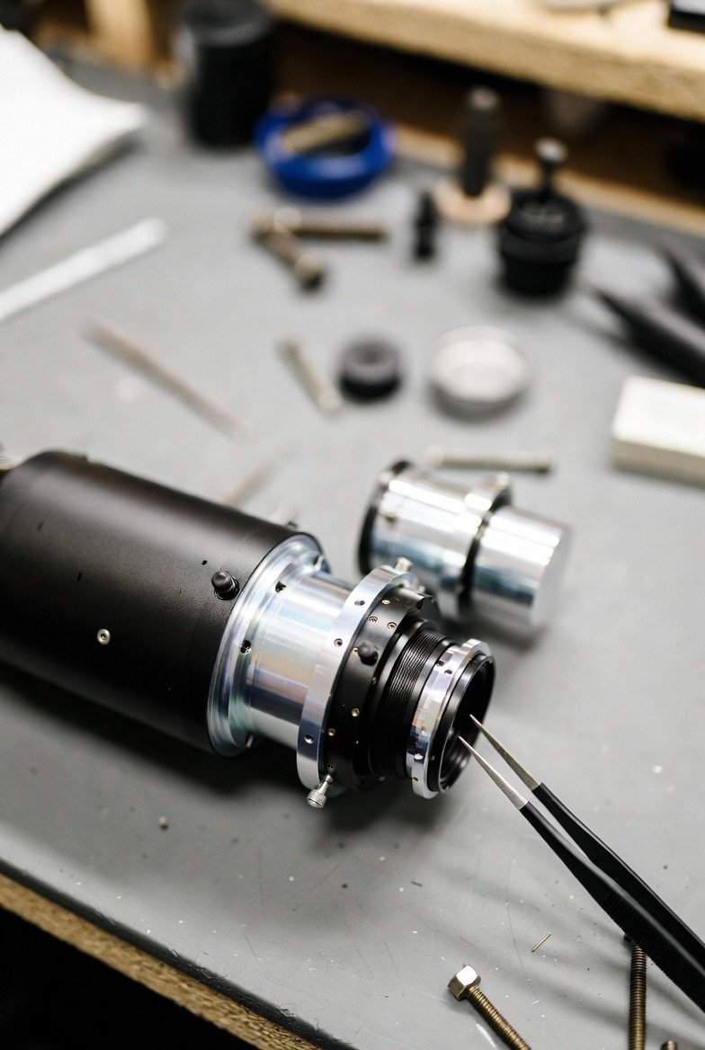 A close-up view of aerospace or mechanical components on a workbench, including a black cylindrical part, shiny metal rings, and small tools and parts in the background.