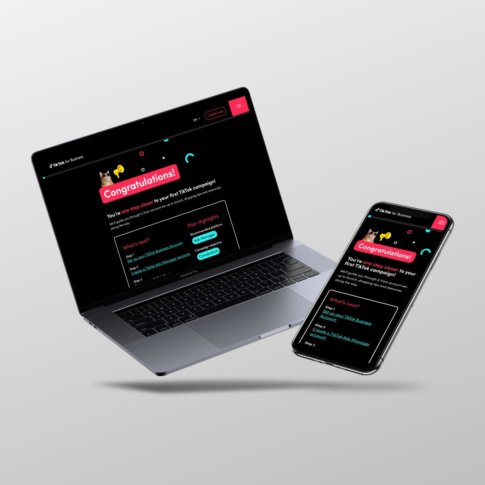 Laptop and mobile mockup of TikTok for Business experience design