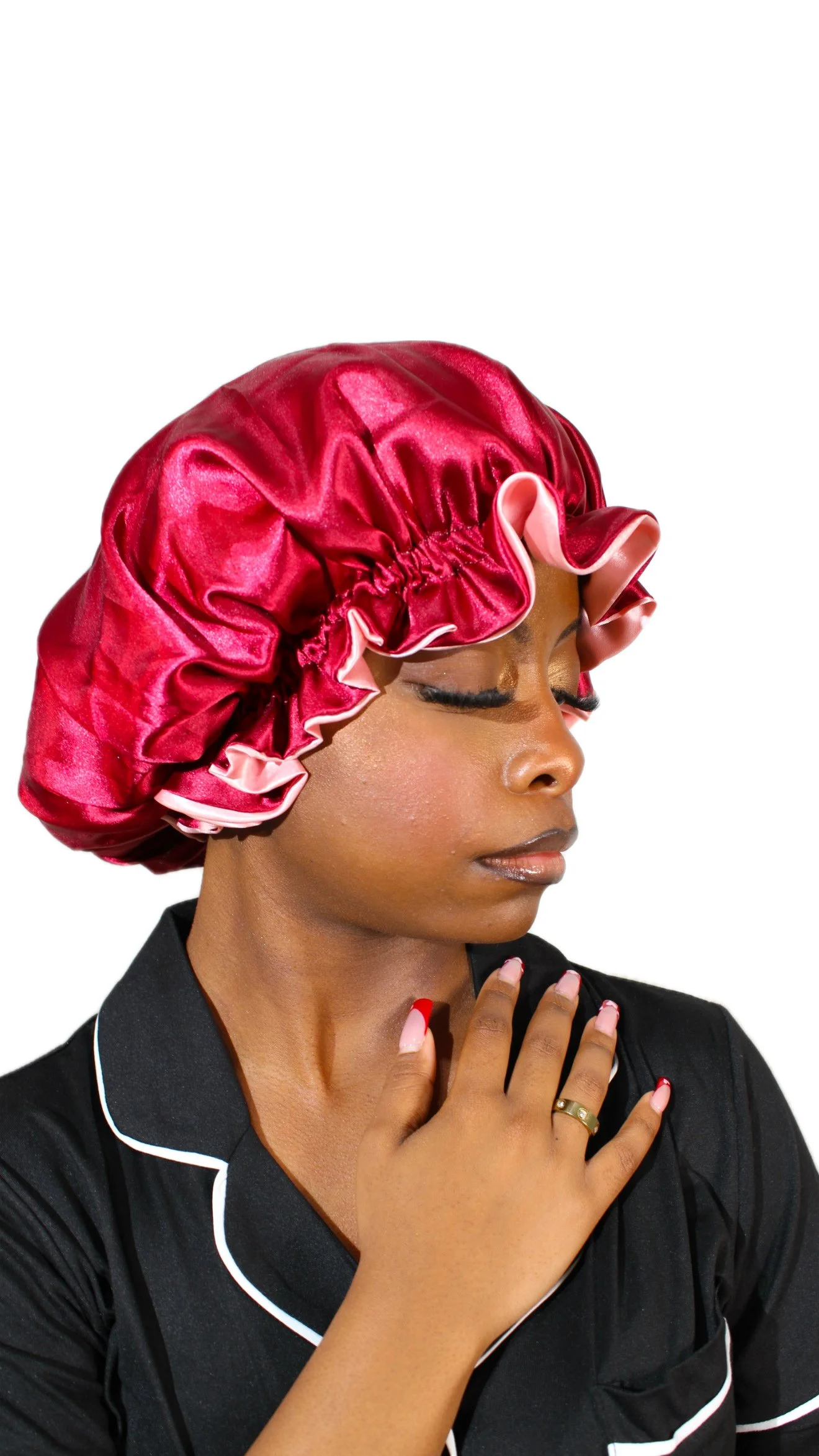Burgundy/Coral Reversible Satin Bonnet (Drawstring)