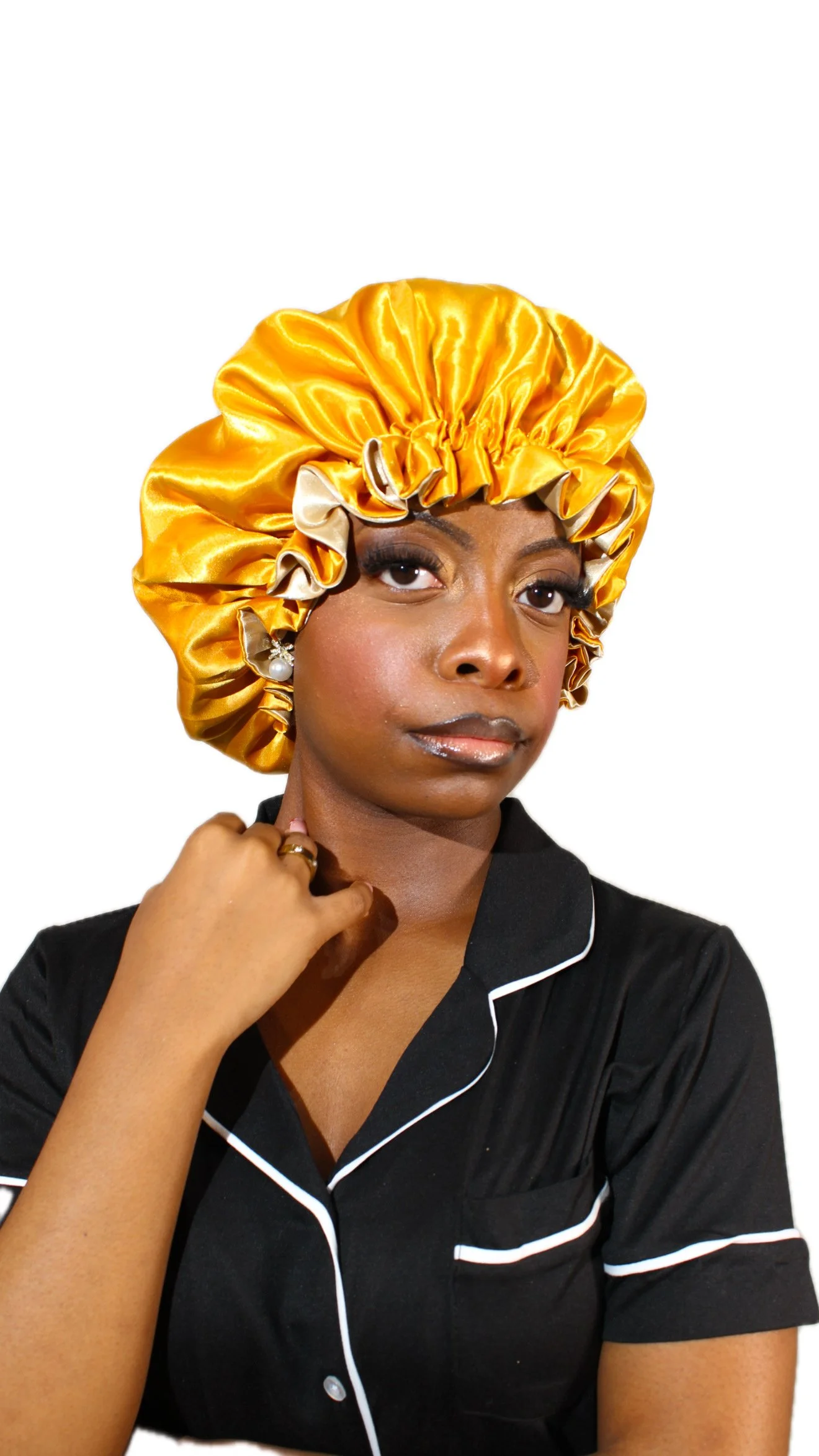 Beige/Golden Reversible Satin Bonnet (Drawstring)