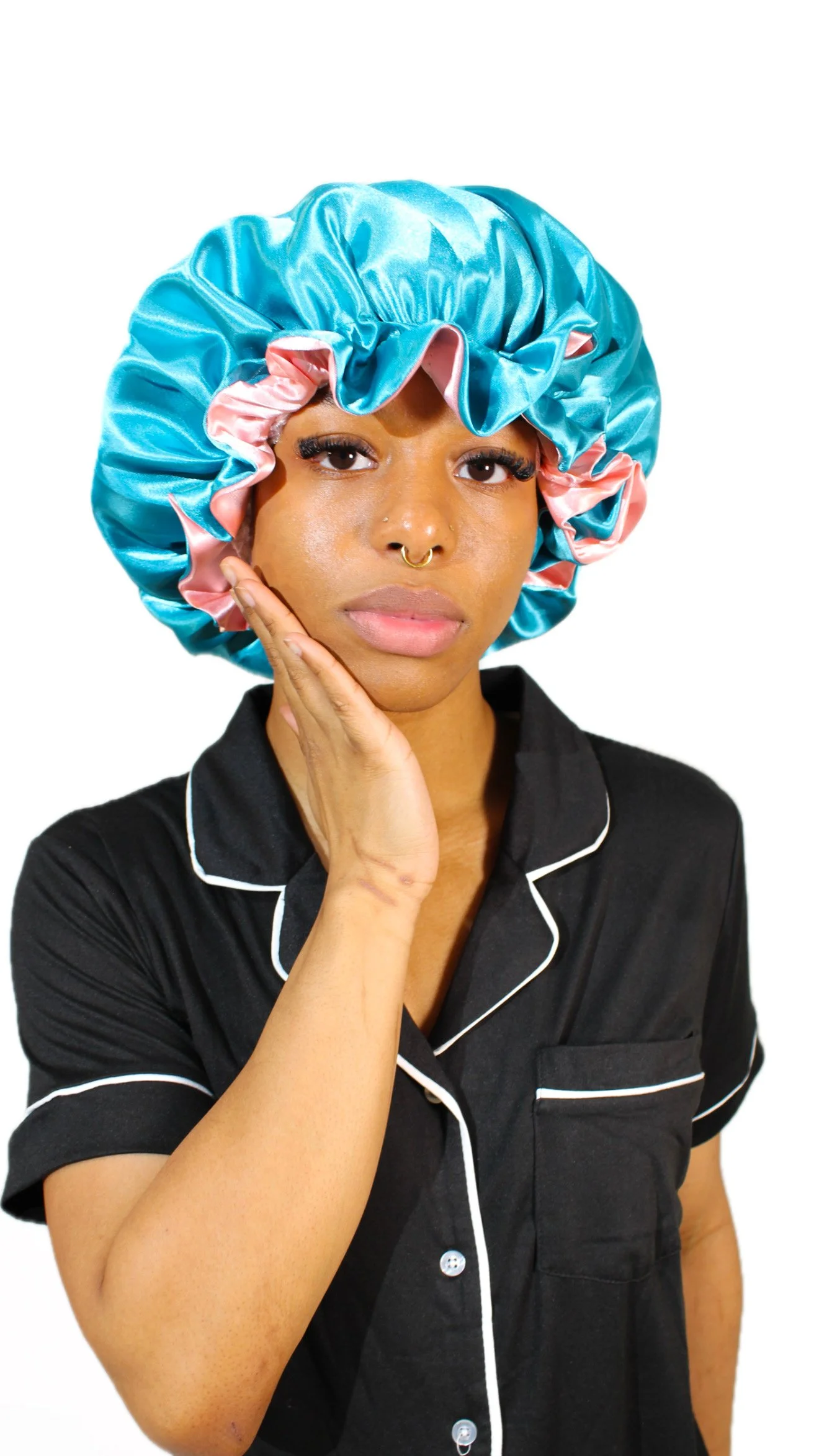 Turquoise/Coral Reversible Satin Bonnet (Drawstring)