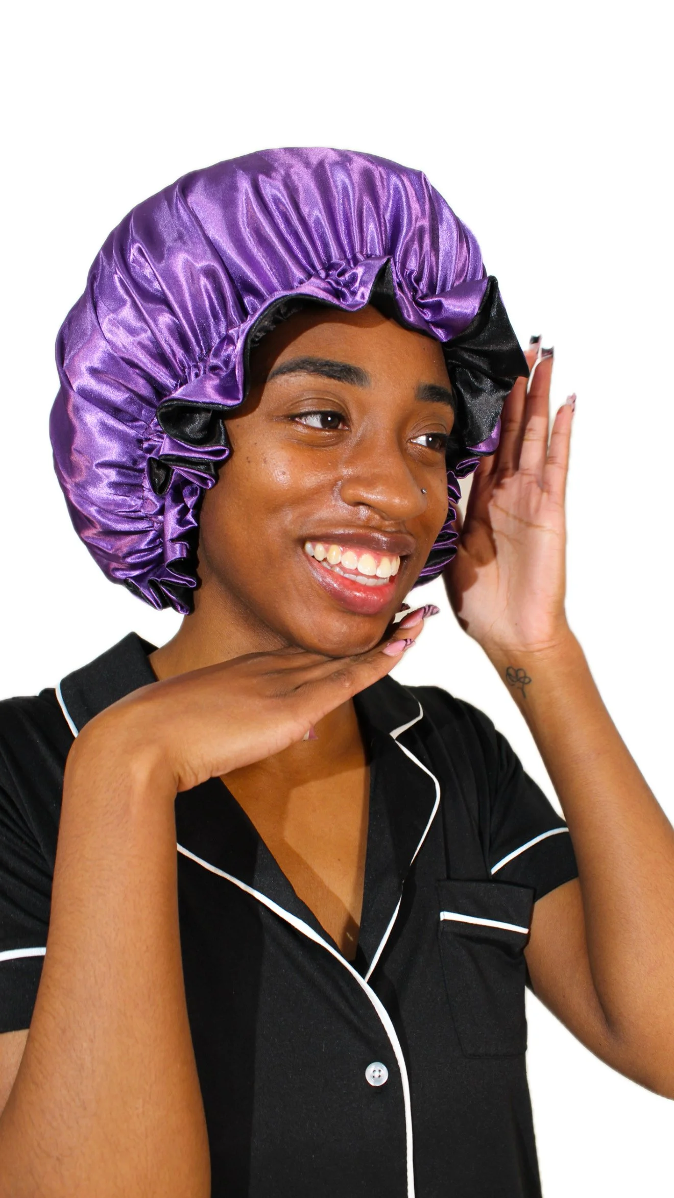 Purple/Black Reversible Satin Bonnet (Drawstring)