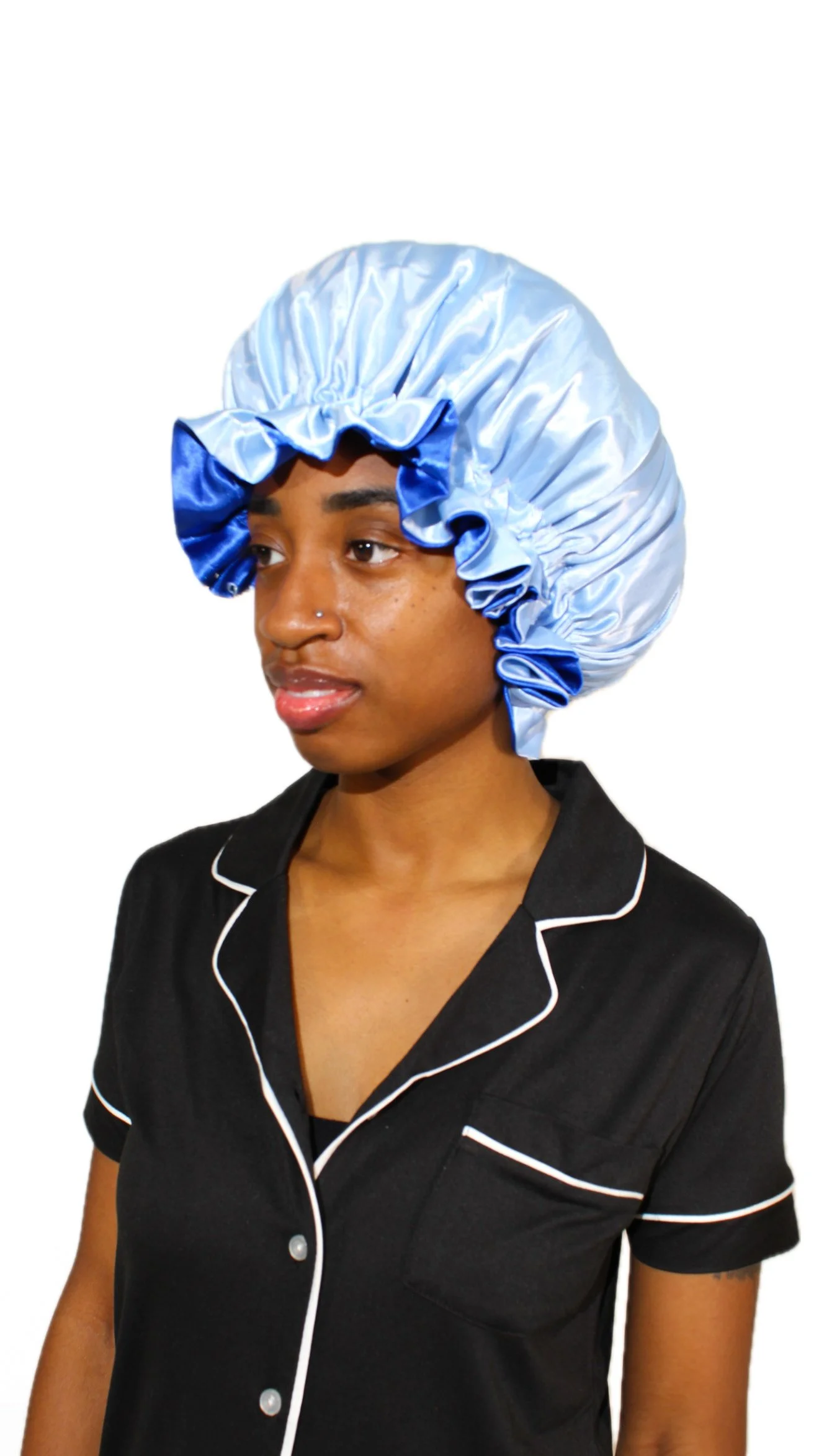 Royal Blue/Skyblue Reversible Satin Bonnet (Drawstring)