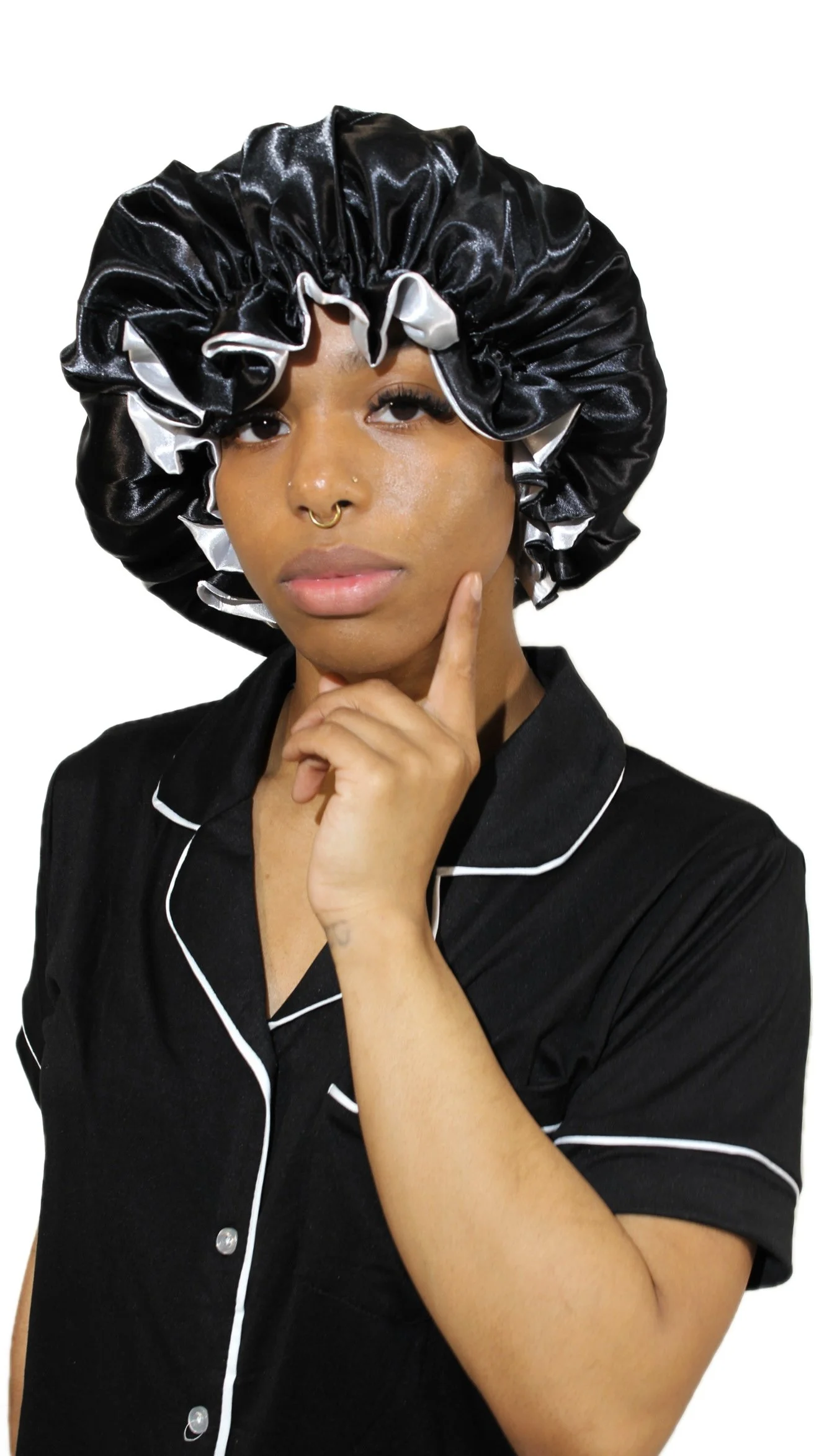 Black/Grey Reversible Satin Bonnet (Drawstring)