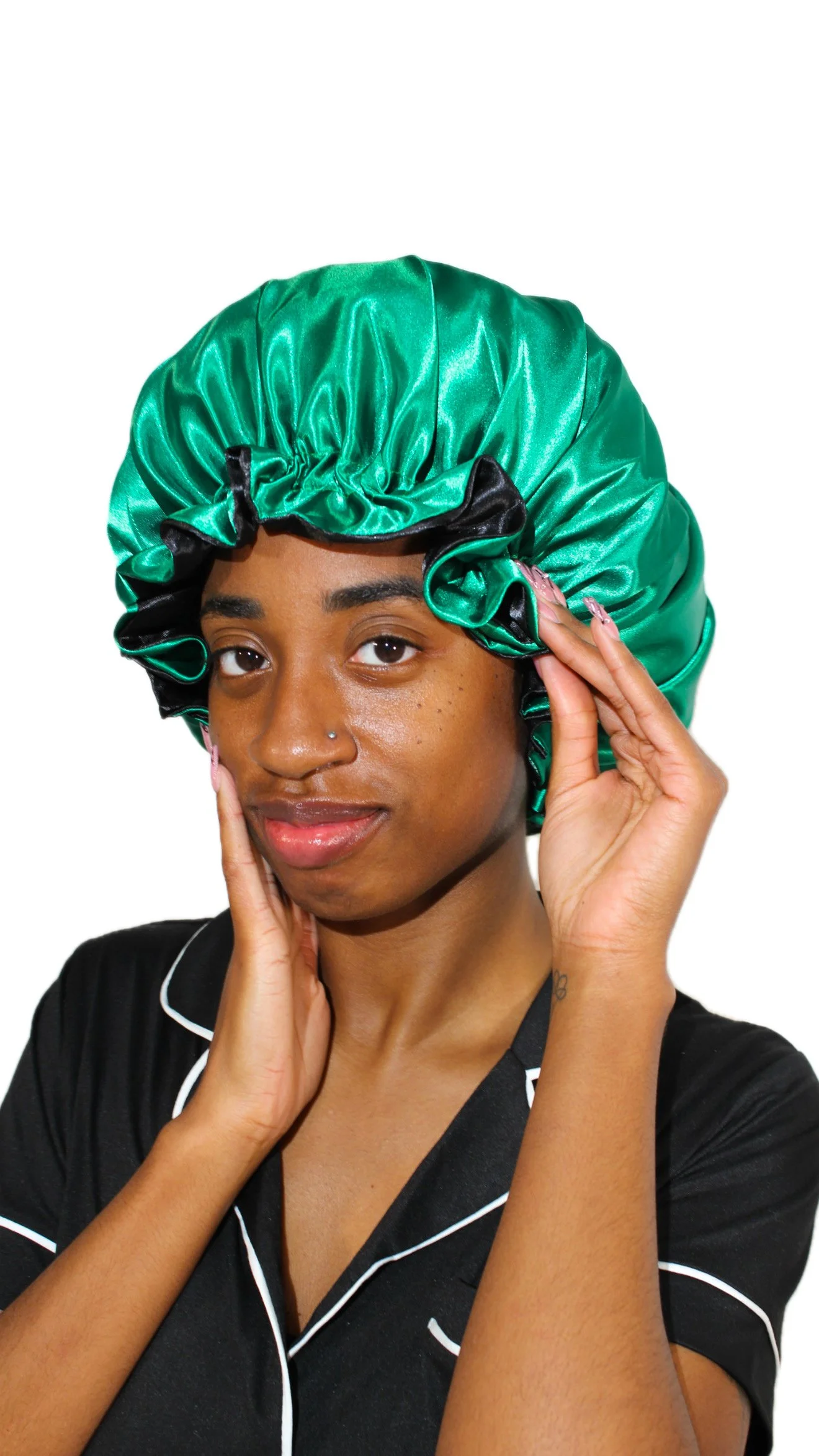 Emerald/Black Reversible Satin Bonnet (Drawstring)