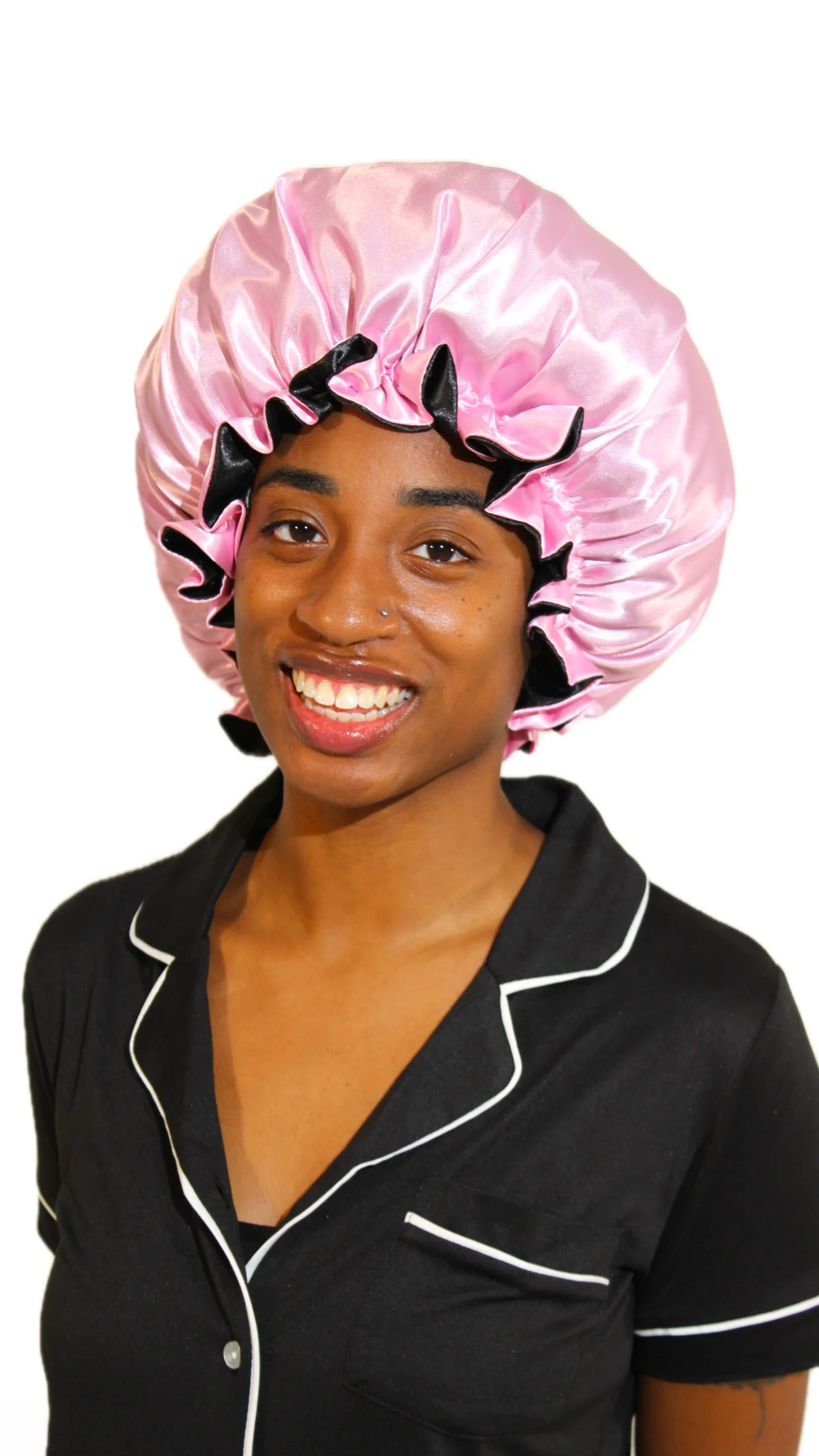 Pink/Black Reversible Satin Bonnet (Drawstring)