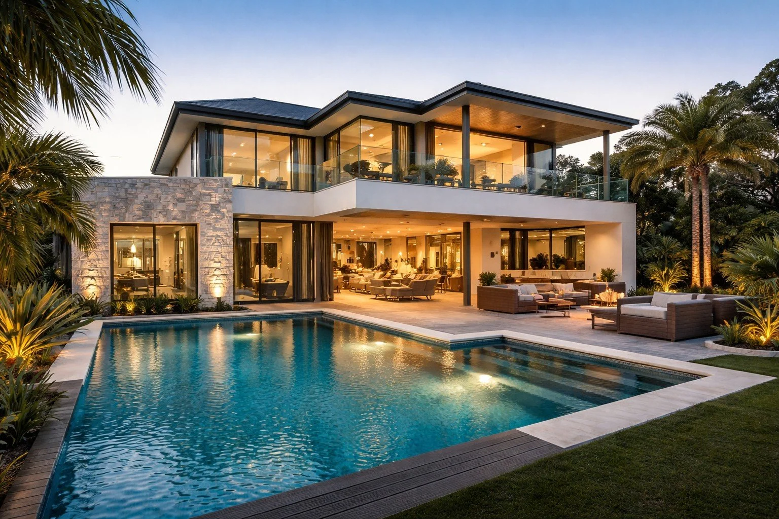Luxurious modern two-storey house with large glass windows, outdoor patio with seating, a swimming pool, and landscaped garden with palm trees, during evening with interior and exterior lighting.