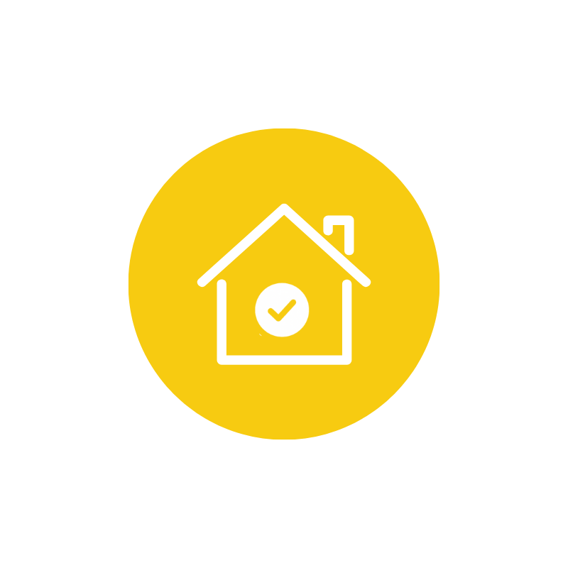 Icon of a house with a check mark inside a circle on the front, surrounded by a yellow circle on a black background.