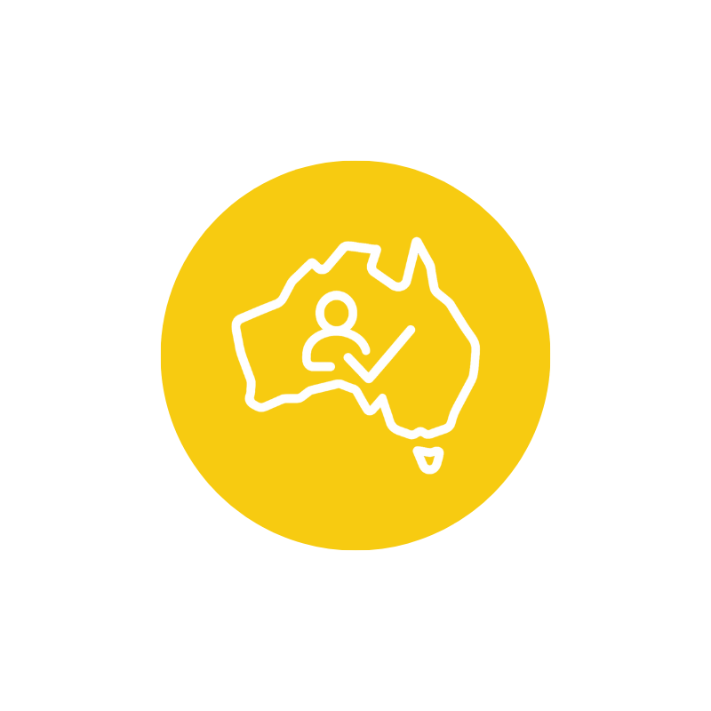 A yellow circular icon featuring a white outline map of Australia with a person inside holding a checkmark.