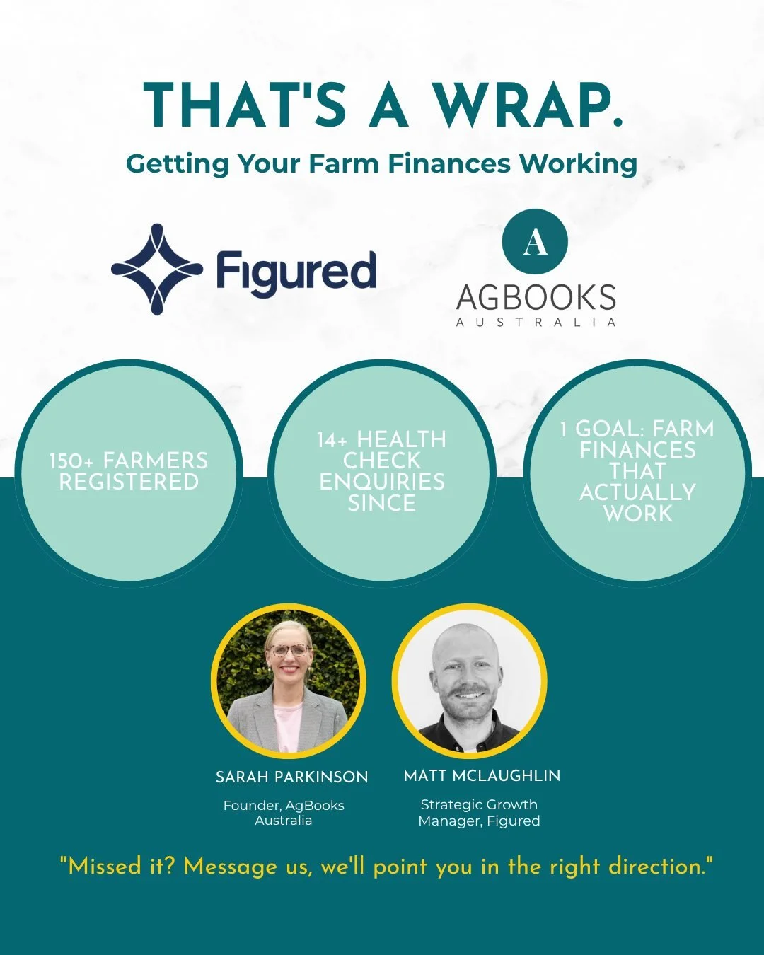 That's a wrap on Getting Your Farm Finances Working. 🌾

Last week Sarah sat down with the team at Figured to talk through what a properly set-up farm finance system actually looks like, and the response blew us away.

More than 150 farmers registere