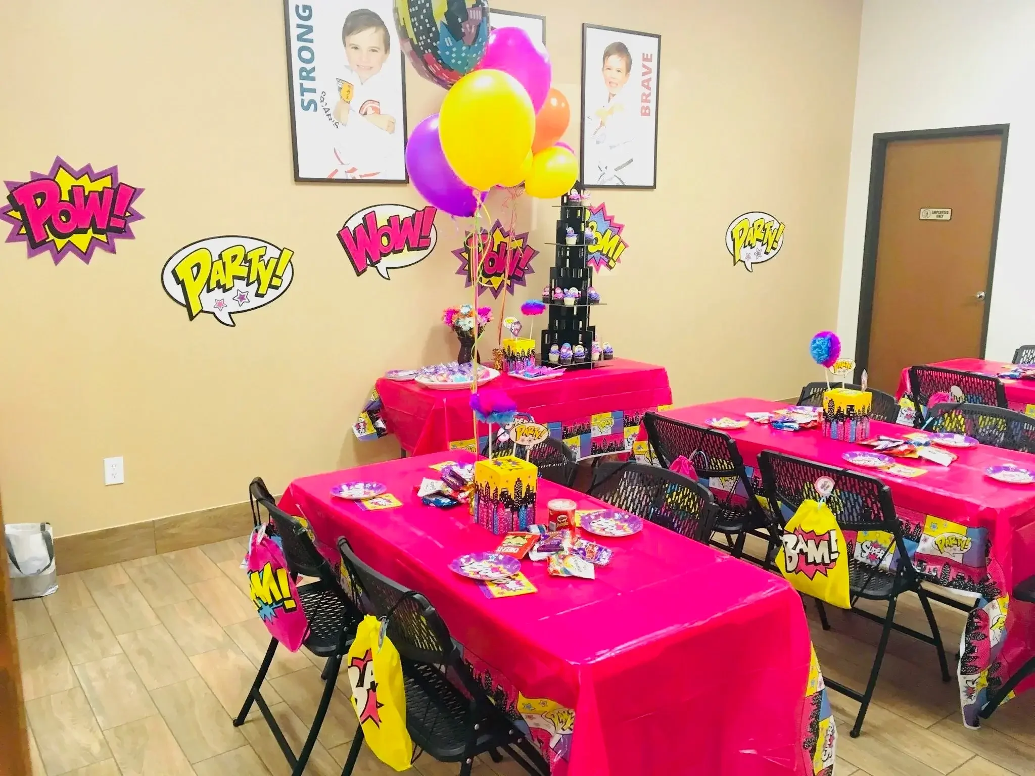 martial arts studio decorated with birthday party decorations