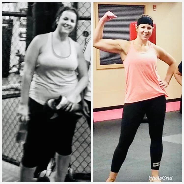 Woman showing weigh loss by training self-defense at Karate John's Martial Arts centers in Cicero, NY and Liverpool, NY.