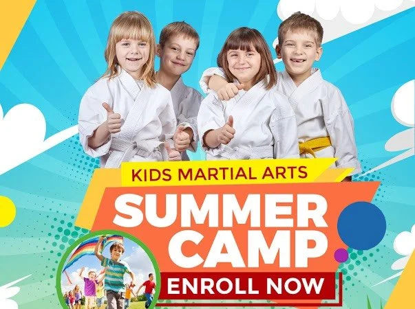Smiling group of children with big Summer Camp Enroll Now sign in Cicero, NY.