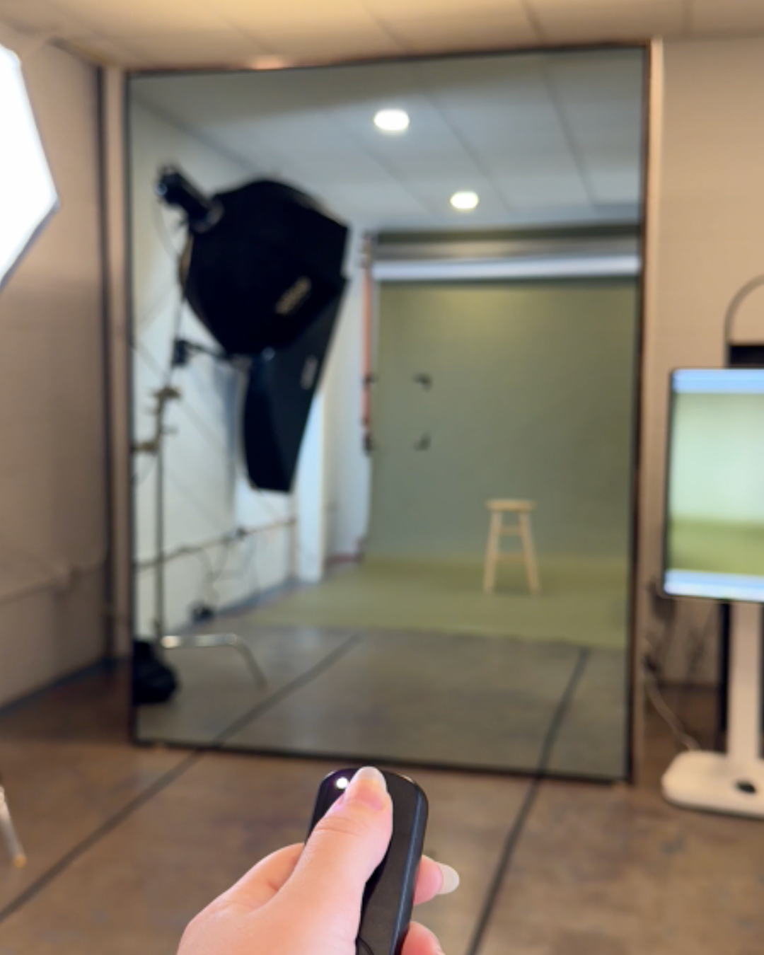 A remote camera trigger is held in frame in front of a mirror photo booth and monitor in a photo studio.