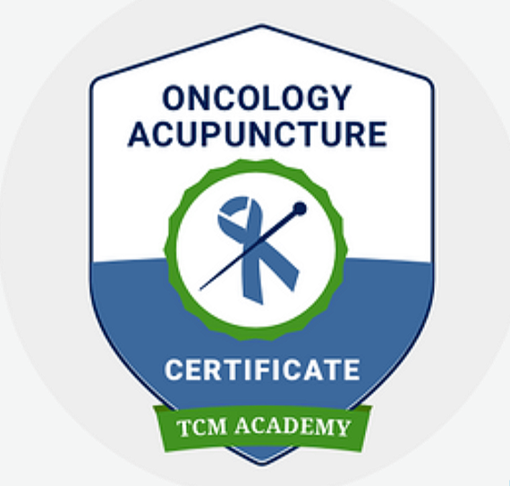 A badge certificate for Oncology Acupuncture from TCM Academy, featuring a green and blue design with a ribbon and a stick figure holding a needle in front of a ribboned blue figure.