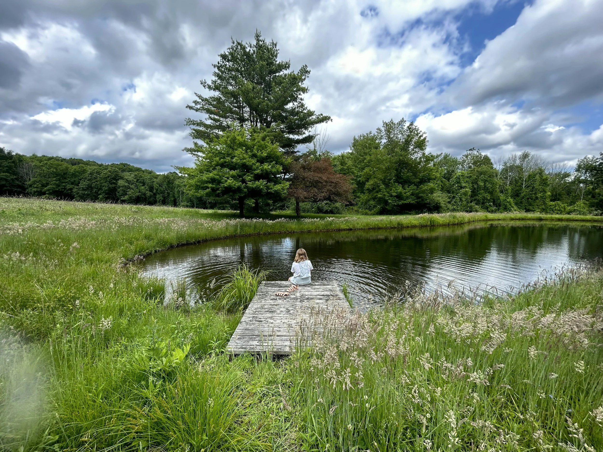 A young girl sitting on a wooden dock by a calm pond surrounded by green grass and trees, under a partly cloudy sky.