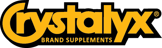 Crystalyx brand supplements logo with yellow text on black background