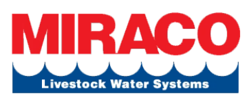 Miraco Livestock Water Systems logo with red text and blue water wave graphic