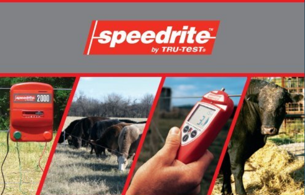 Speedrite electric fencing equipment including a red energizer, a hand-held tester, a pasture with grazing cows, and a cow near the fence.