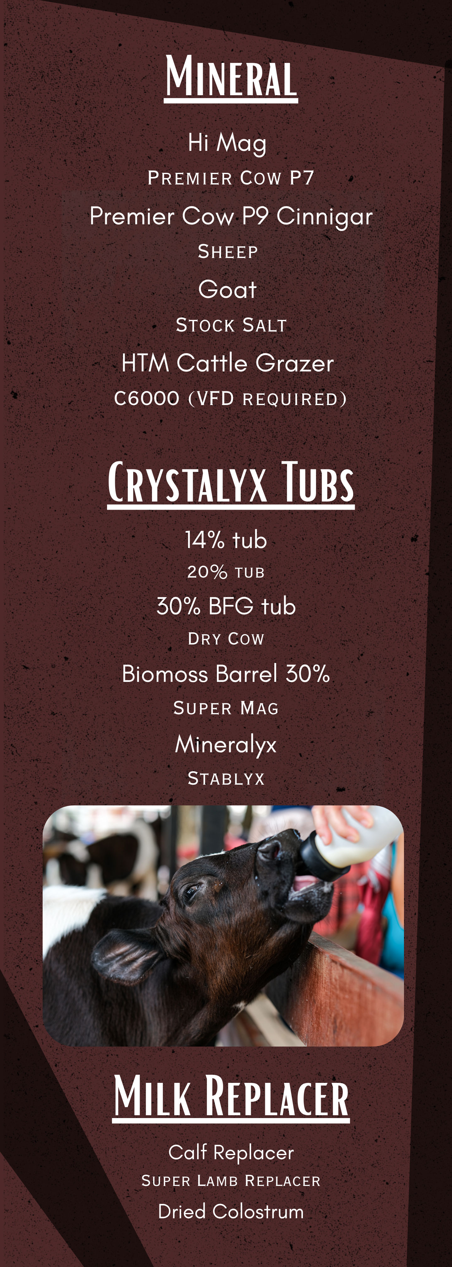 A menu with options for mineral, Crystalyx tubs, and milk replacer, featuring a photo of a calf drinking milk from a bottle.