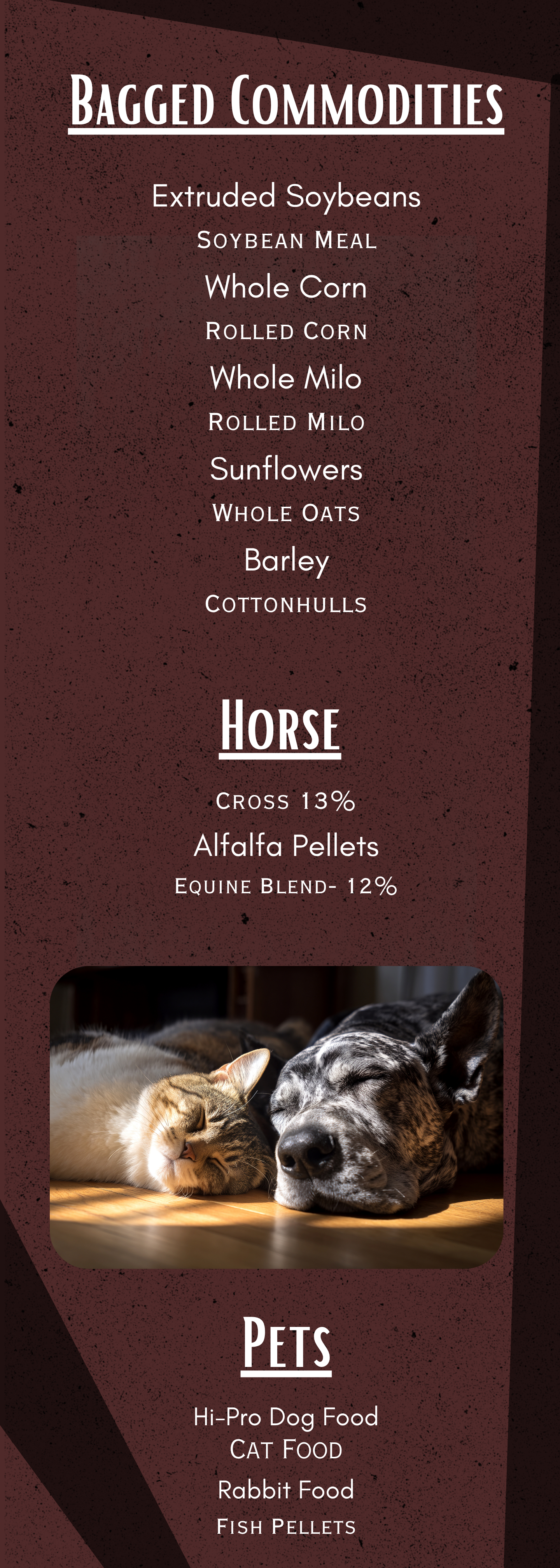 Sign listing various pet and animal food products, with a photo of a sleeping cat and dog.