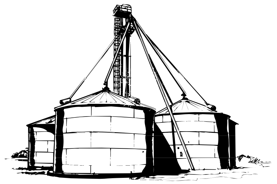Silhouette of industrial storage tanks with a tower and a full moon in the night sky.