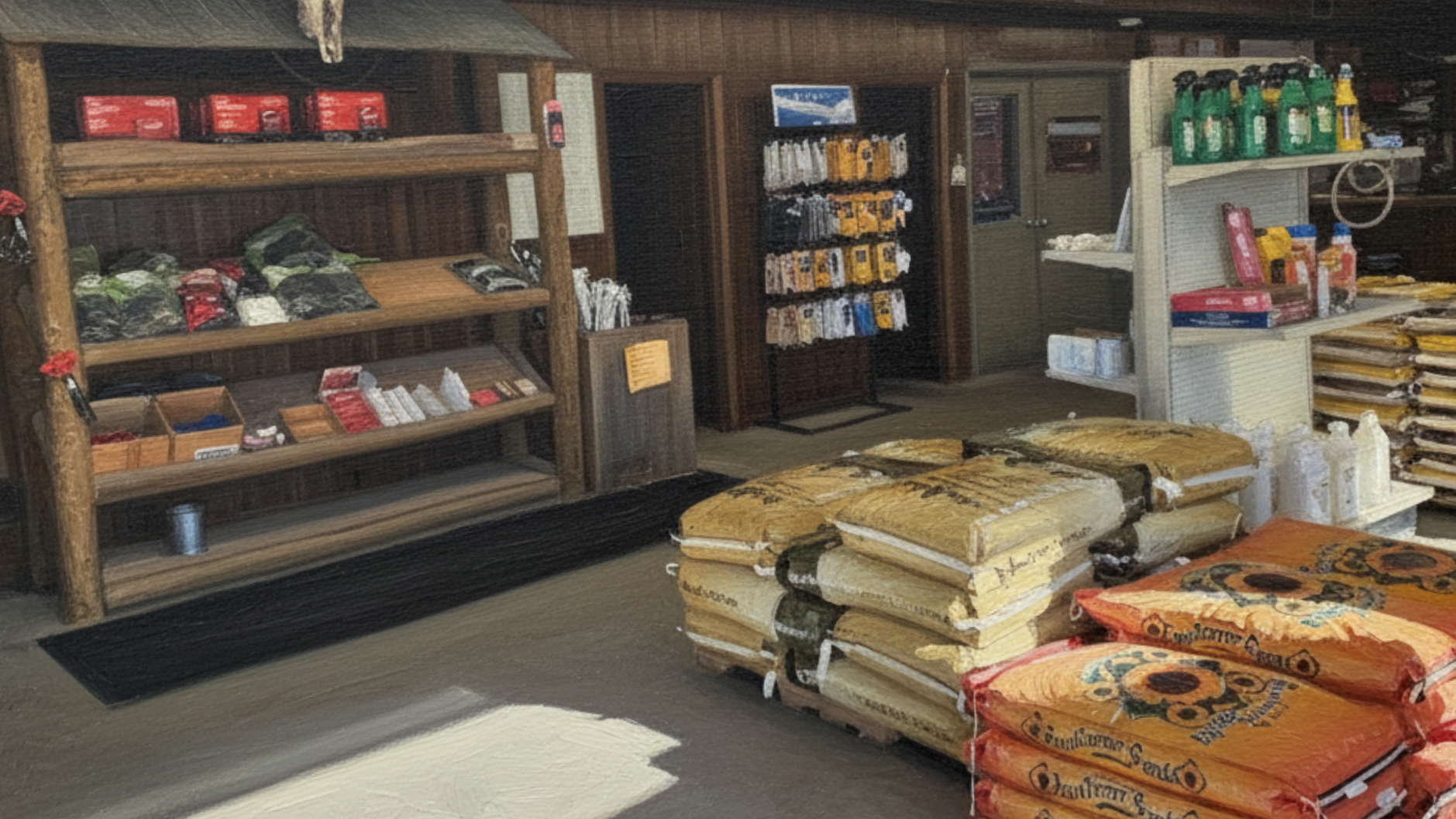 Display of various gardening and hardware supplies inside a store, including bags of fertilizer or soil, shelves with tools and accessories, and cleaning products.