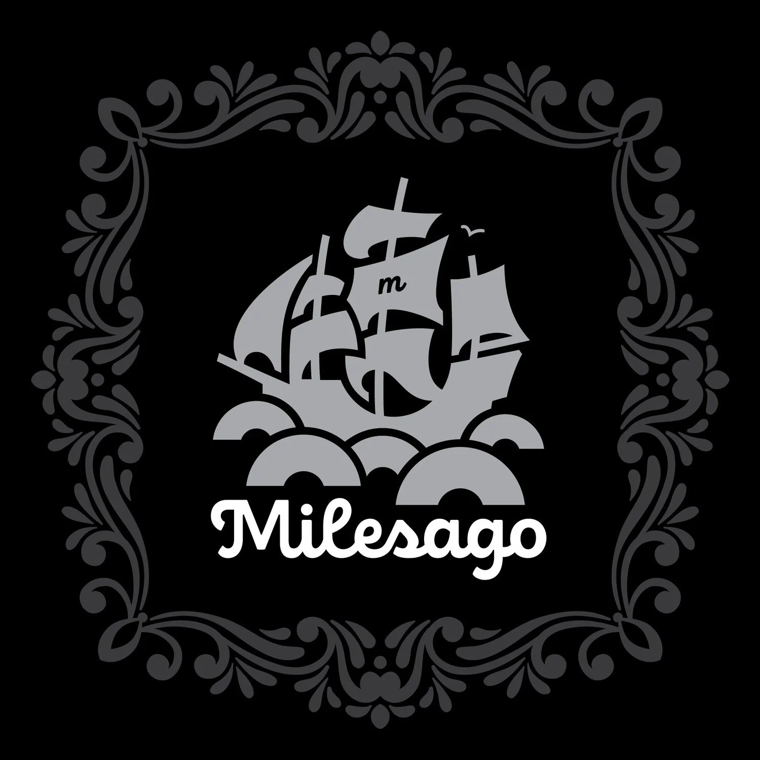 Milesago ship logo with decorative border and Milesago script underneath