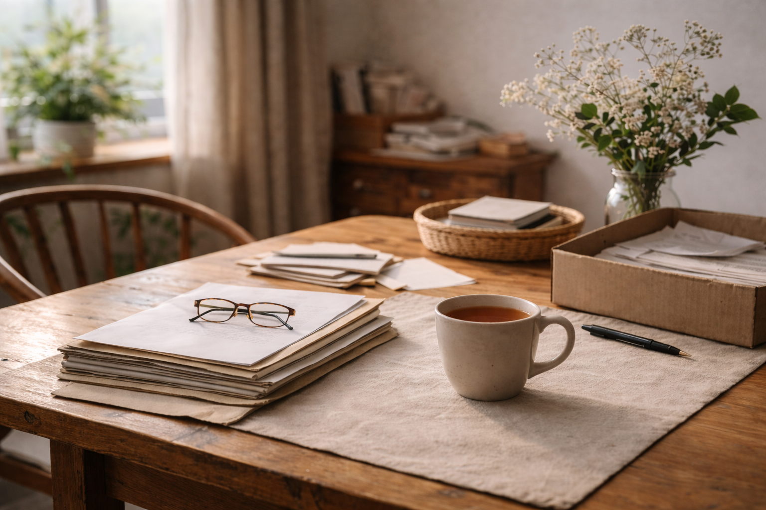 A cluttered wooden desk with papers, a pair of glasses, a pen, a cup of tea, a wicker tray, and a cardboard box filled with papers, in a cozy home office with a window and plants.
