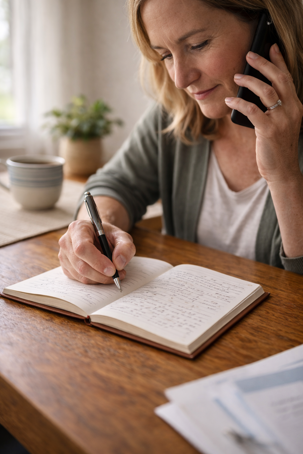 A woman with blonde hair is speaking on a mobile phone while writing in a notebook with a black pen. She is sitting at a wooden table with a mug and a potted plant in the background.
