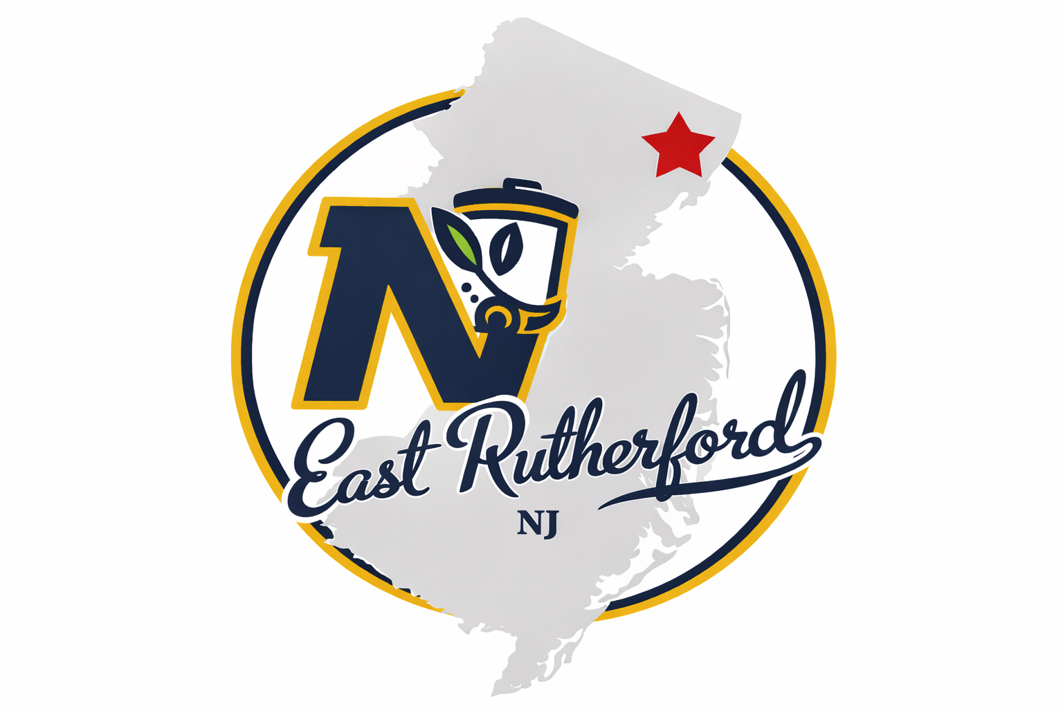 Logo for East Rutherford, New Jersey featuring stylized blue script text with a red star above and the abbreviation 'NJ' below.