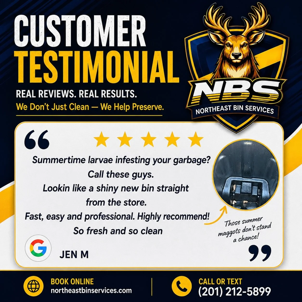 ⭐⭐⭐⭐⭐ Real customers. Real results.

Summer maggots? 🪰 Not in this bin. 😅

We&rsquo;re incredibly grateful for every customer who trusts Northeast Bin Services with their property. Your support, kind words, and trust mean everything to us as we con
