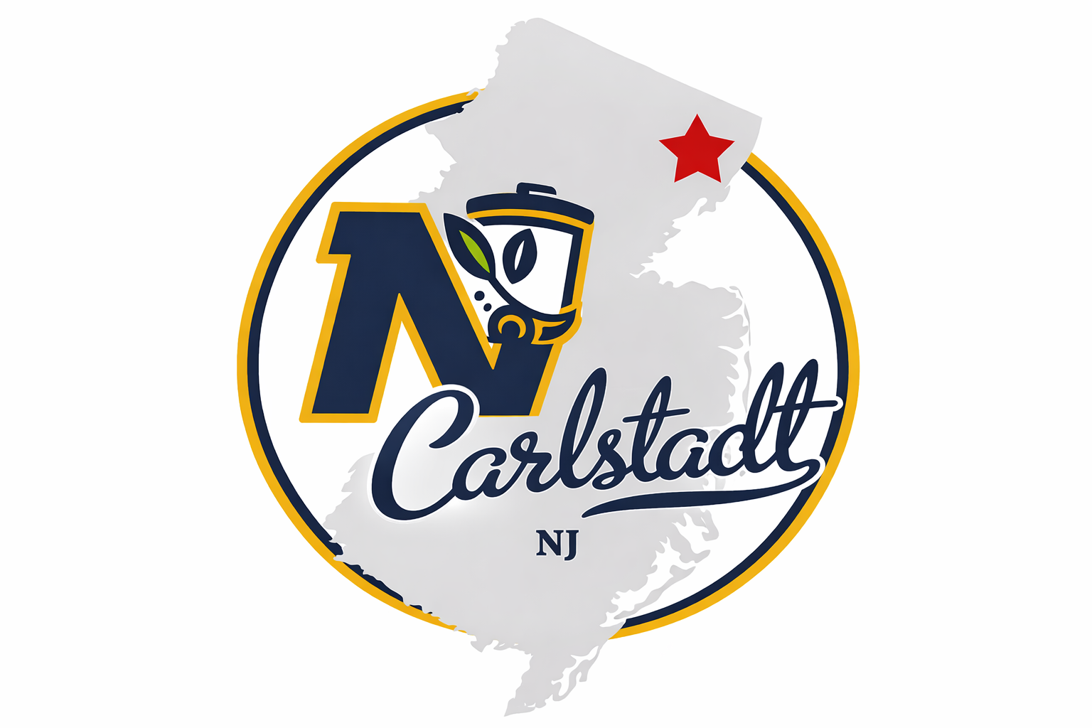 The logo of Carlstadt, New Jersey features the city name in dark blue cursive lettering with a red star above the 't'. The abbreviation 'NJ' is displayed below the name.