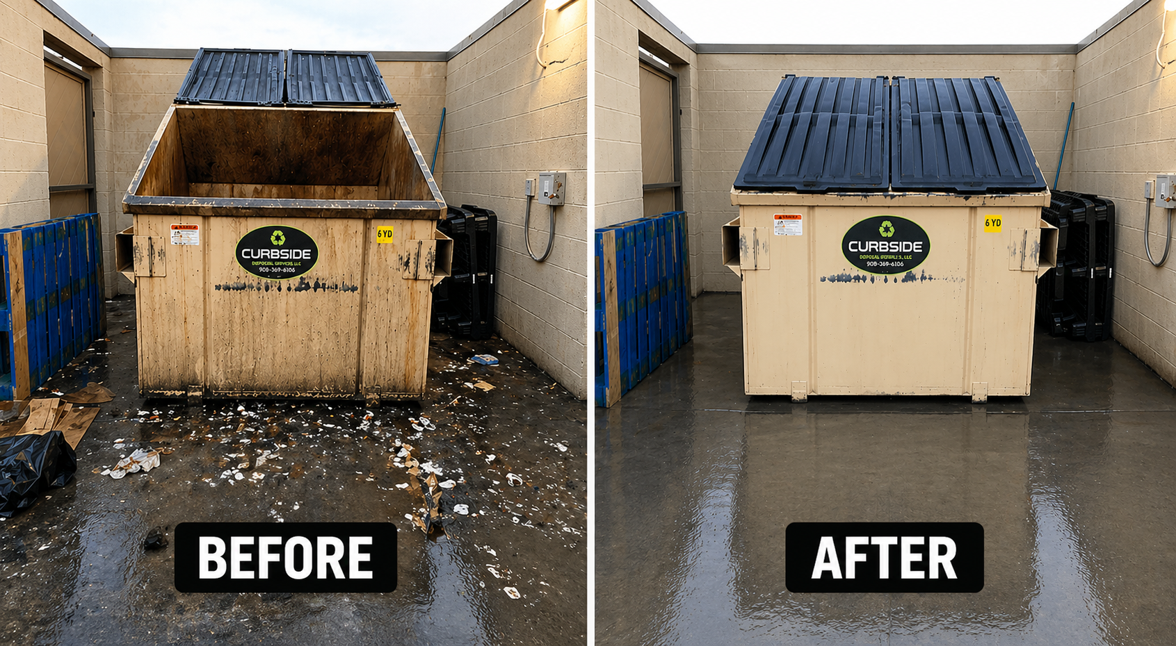 Side-by-side comparison of a dumpster before and after cleaning. The before image shows a dirty, overflowing dumpster with scattered trash on the wet ground. The after image shows a clean, empty dumpster with a wet, clean concrete surface.