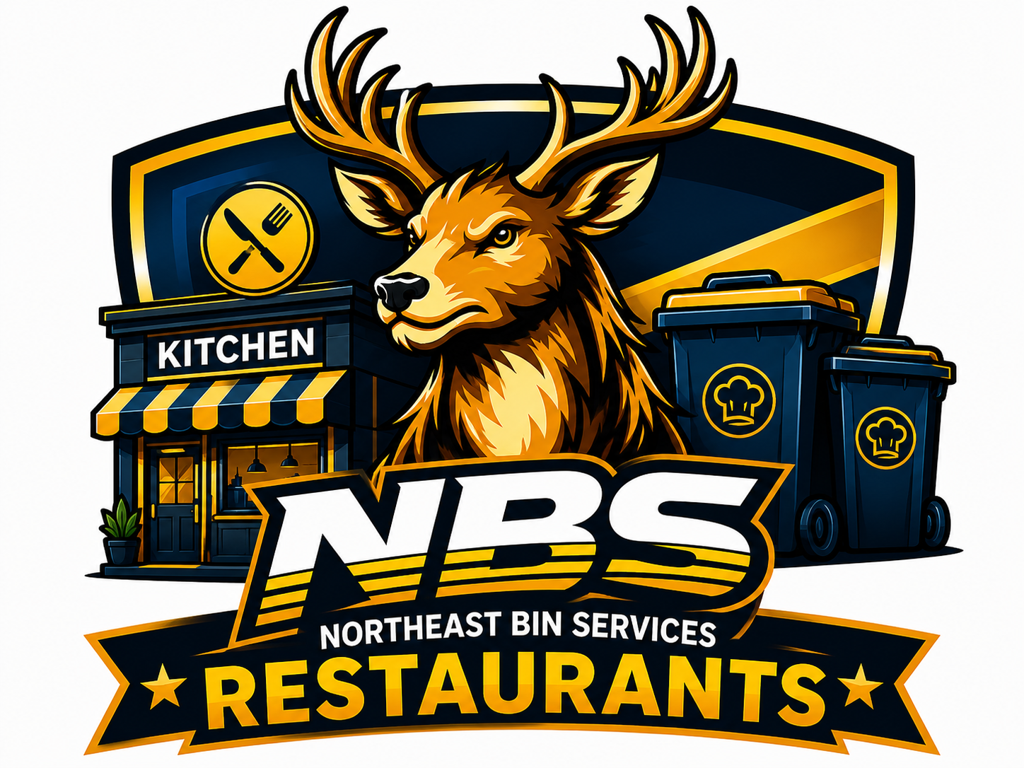 Logo for Northeast Bin Services Restaurants featuring a stylized deer with large antlers, a bear in a chef hat, and trash bins, with a building labeled Kitchen, and text indicating Northeast Bin Services Restaurants.