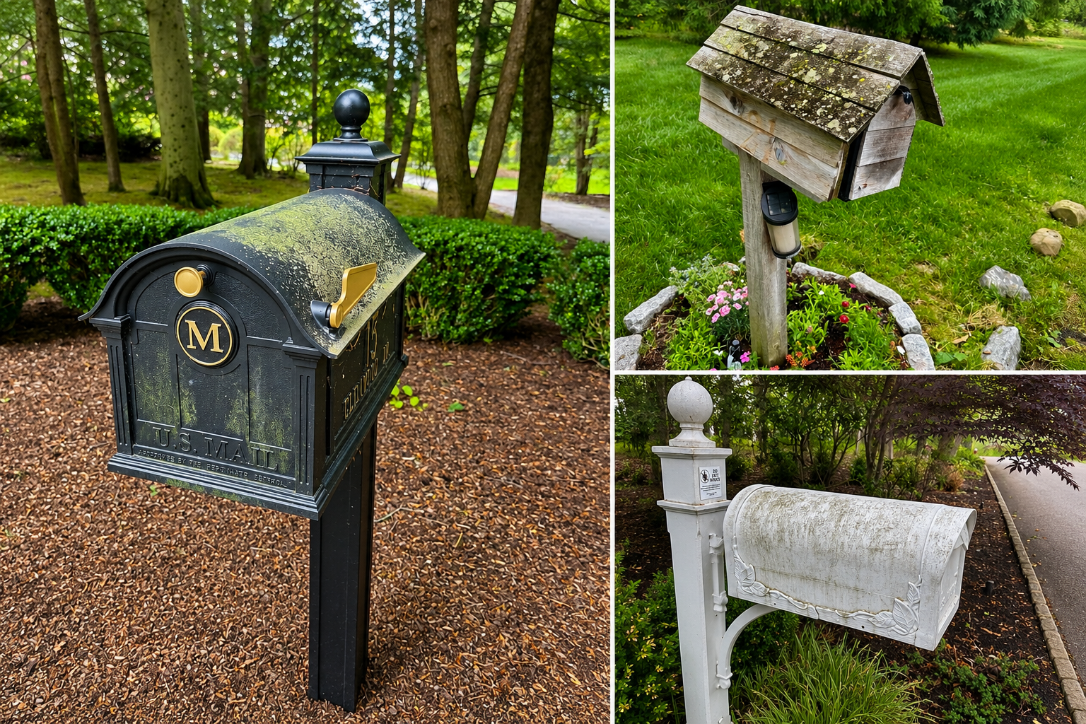 Three different mailboxes in a landscaped outdoor setting. The first mailbox is black with gold accents, the second is a rustic wooden mailbox with a shingled roof, and the third is a vintage white mailbox with decorative details.