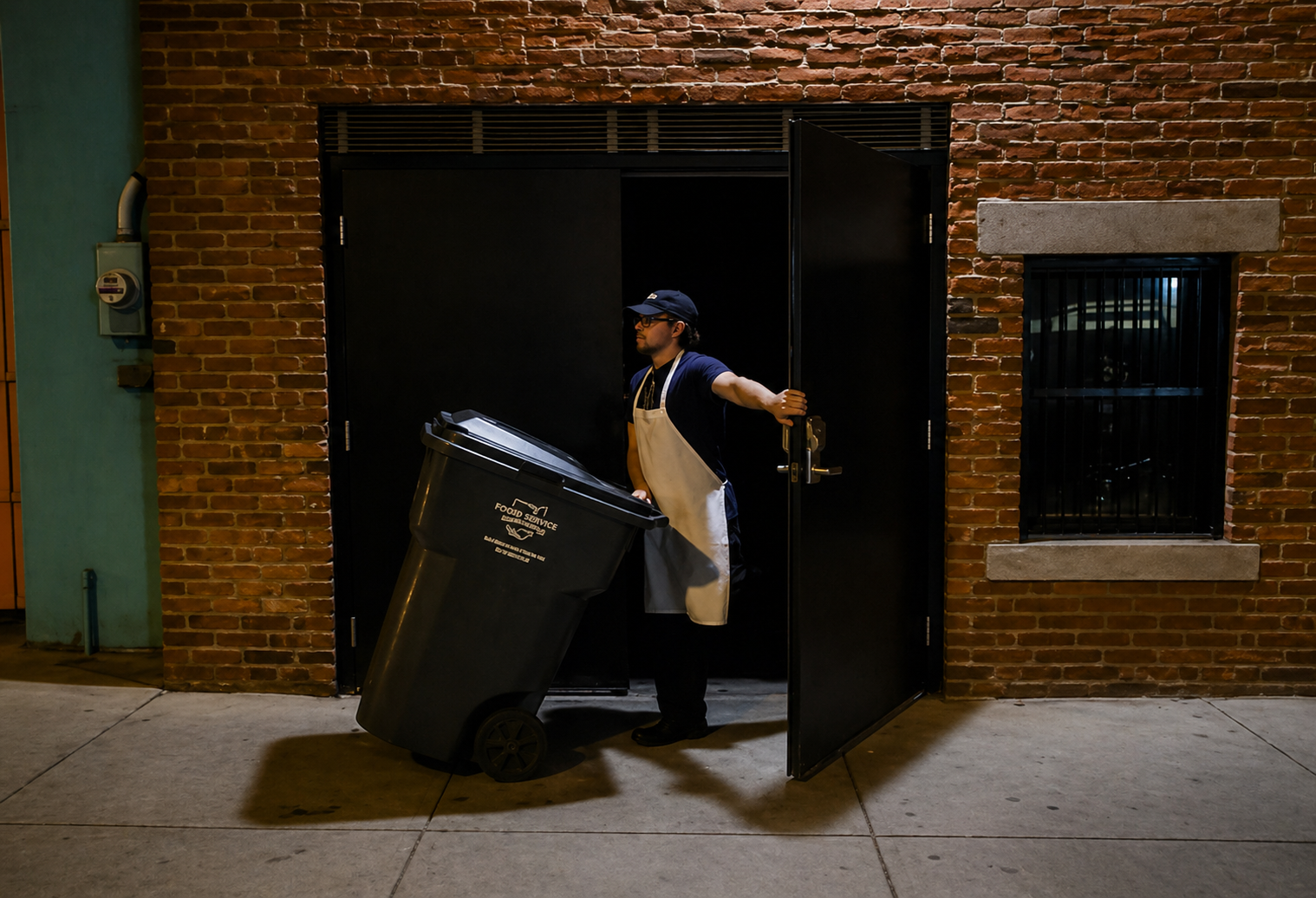 A person wearing a white apron, dark clothing, and a blue cap opens a black door while pushing a large black trash bin outside. The scene takes place at night on a sidewalk next to a brick building with a small barred window.