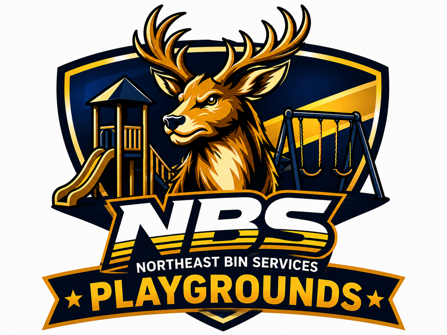 A logo for Northeast Bin Services Playground featuring a stylized deer with large antlers, a playground slide, and swings on a shield background with the text 'NBS Northeast Bin Services Playgrounds'.