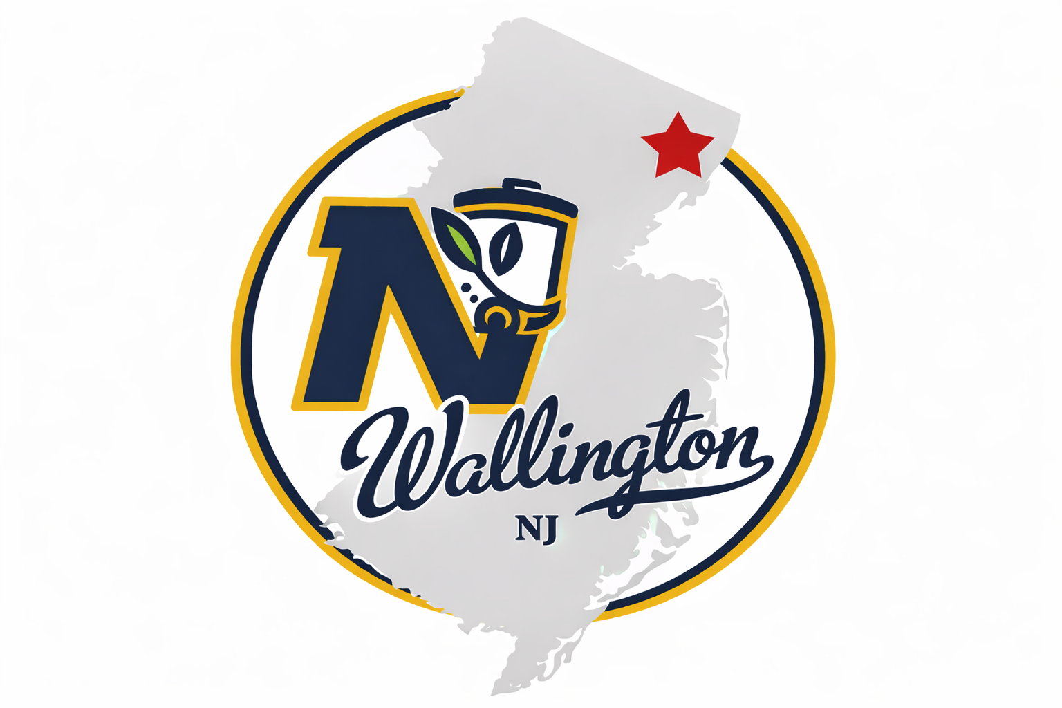 A comic-style graphic overlay with the state of New Jersey's outline, a red star, the word 'Wallington' in blue cursive text, and the abbreviation 'NJ' below it.