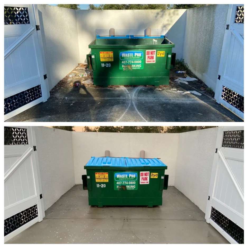 Side-by-side comparison of a green waste dumpster, showing before and after cleaning. The top image has a dirty and cluttered area around the dumpster, while the bottom image shows a clean area with fresh paint and no debris.