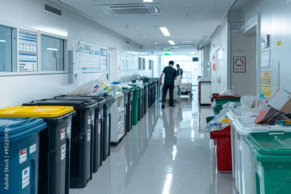 Hospital corridor with recycling and waste bins, two staff members walking in the background, bright lighting, and medical equipment on the walls.