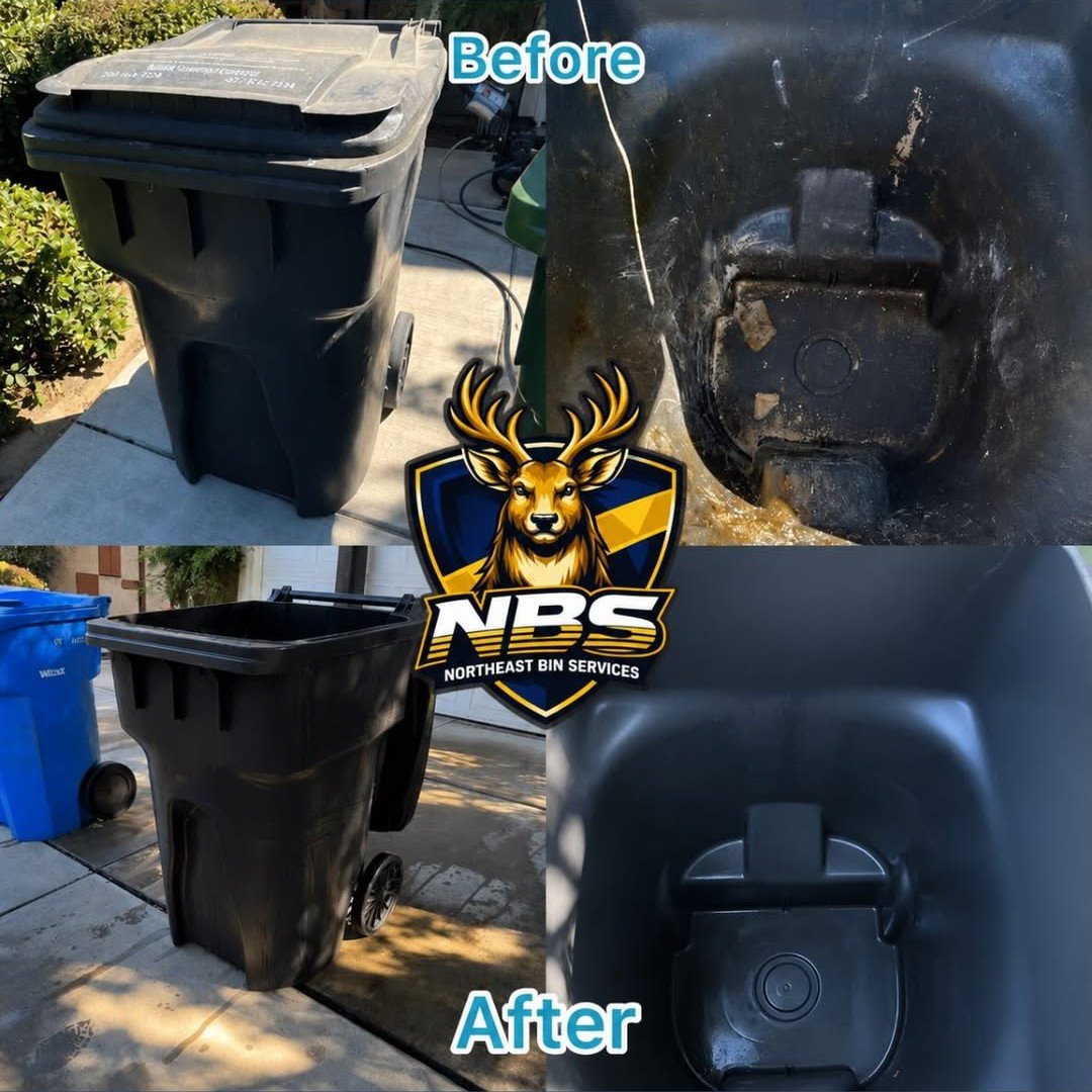 Comparison of two plastic trash bins, showing a dirty, worn bin before cleaning and a clean, well-maintained bin after cleaning. The before image shows a bin with dirty and damaged bottom, while the after image shows a clean bottom with no dirt or damage.