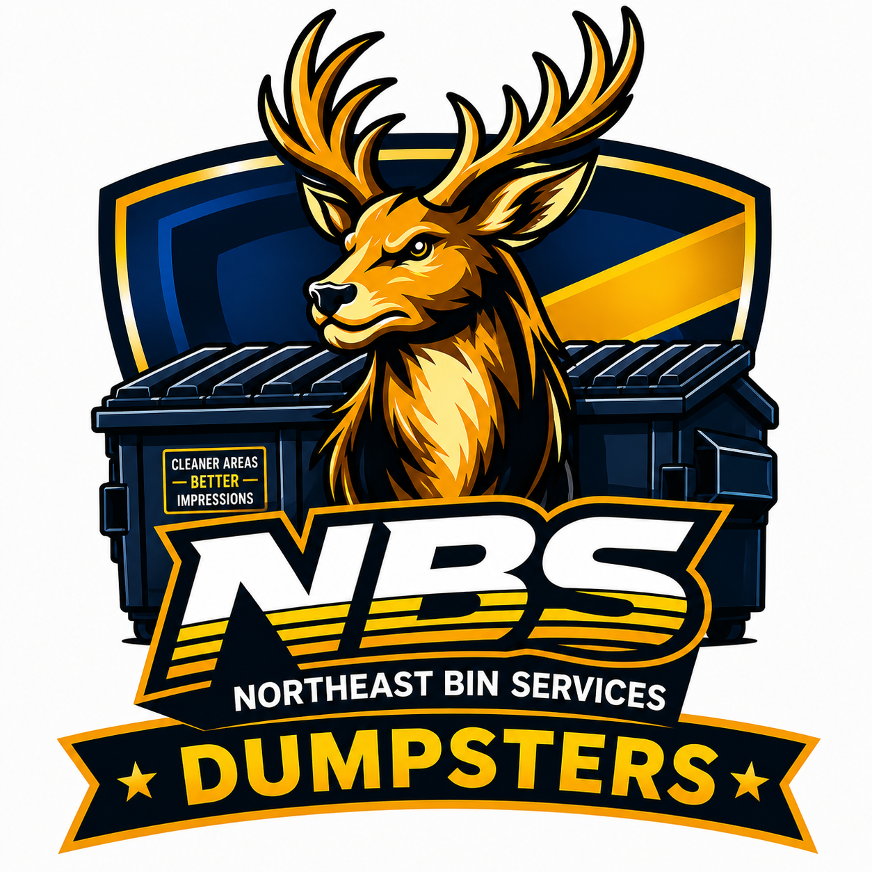 Logo for Northeast Bin Services featuring a fierce elk head with large antlers, a trash bin, and the text 'NBS Northeast Bin Services Dumpsters' with a tagline 'Cleaner Areas Better Impressions.'
